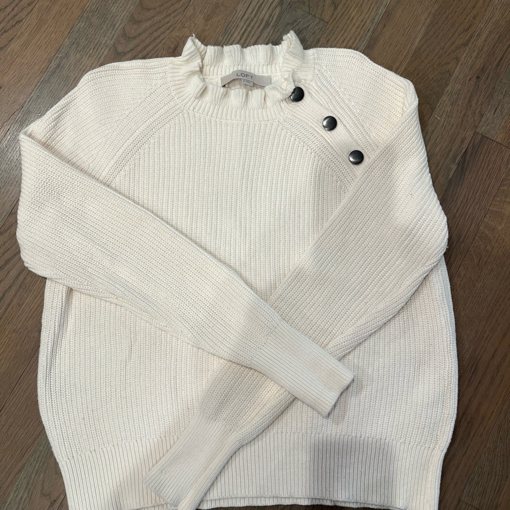 LOFT Cream Ruffle Neck Sweater with Button Detail